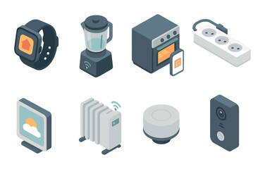 Smart home devices: watch, blender, oven, power strip, tablet, heater, light, doorbell