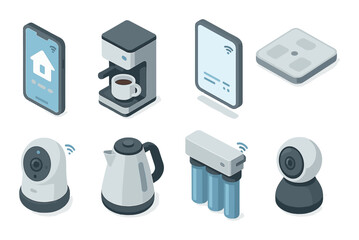 Smart home gadgets: coffee maker, assistant, kettle, security camera, digital scale, purifier