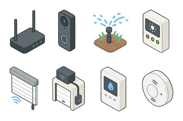Isometric smart home devices: router, camera, sprinkler, thermostat, blinds, doorbell, leak sensor, smoke detector