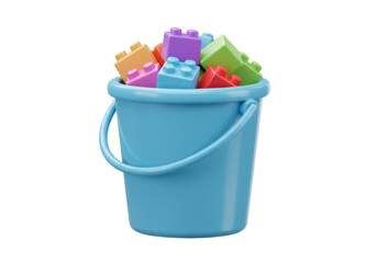 Isolated blue bucket full of colorful toy building blocks for children's play time fun