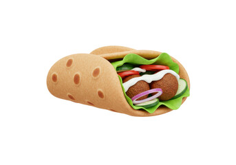 Isolated falafel wrap with vegetables, sauce and purple onion, Middle Eastern cuisine