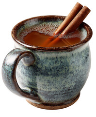 Ceramic mug filled with hot apple cider topped with cinnamon stick isolated on transparent background beverage