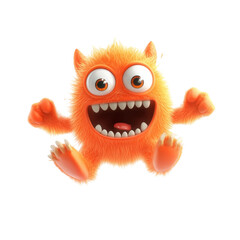 Obraz premium Cute furry orange monster with big eyes and sharp teeth jumping happily
