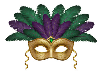 Isolated gold masquerade mask with green gem and feathers for carnival, prom, Mardi Gras © PICSPRO