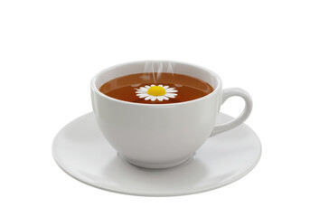 Isolated cup of chamomile tea with flower, hot beverage, tea break, saucer, herbal drink