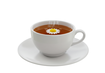 Isolated cup of chamomile tea with flower, hot beverage, tea break, saucer, herbal drink