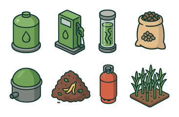 Sustainable energy icons: biogas, biomass, biodiesel, compost, agriculture
