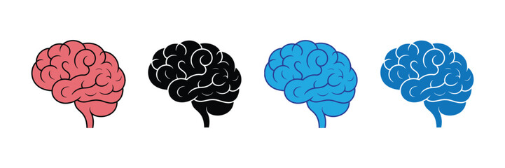 Four stylized brains in different colors pink, black silhouette, and two shades of blue, isolated on transparent background