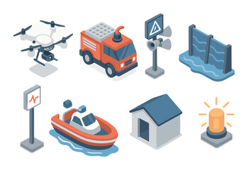 Isometric emergency response icons featuring drone, fire truck, boat, and alarm