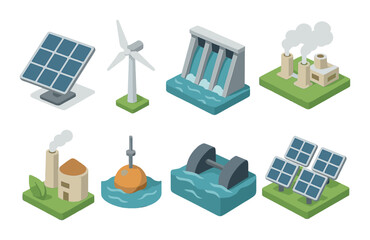 Renewable energy sources: solar, wind, hydro, and biomass icons