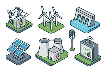 Renewable energy sources: wind, solar, hydro, nuclear, and biomass icons