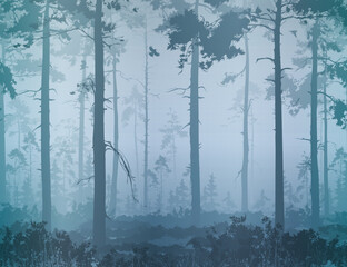 Seamless horizontal background with pine forest, plants and birds	