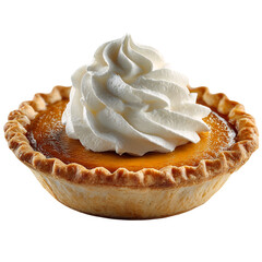 Classic pumpkin pie with smooth surface topped with whipped cream isolated on transparent background holiday dessert