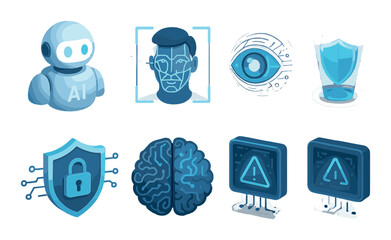 Futuristic ai and cybersecurity icons featuring facial recognition and shield symbols