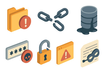 Digital security icons: alert folder, broken links, database spill, password, lock, warning document