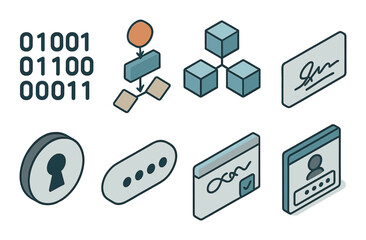 Futuristic digital security icons featuring blockchain and data encryption elements