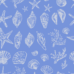 Hand drawn seashell sketch seamless pattern. Vector monochrome illustration, sea nature background.