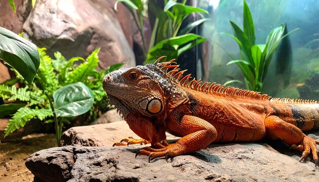 Orange iguana on rock in terrarium - Powered by Adobe