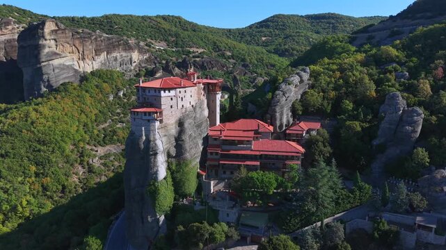 Aerial View of Meteora Monasteries Perched on Towering Rock Formations