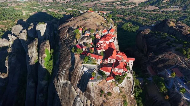 Aerial View of Meteora Monasteries Perched on Towering Rock Formations