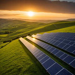 Solar panels reflecting golden sunset on rolling green hills