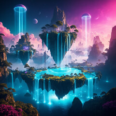 Surreal landscape with floating islands and neon waterfalls, dreamlike atmosphere