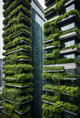  Photo Vertical urban garden on skyscraper facade, futuristic green architecture