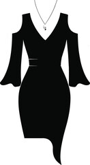 Black silhouette dress with cold shoulder flared sleeves, asymmetrical hemline, pendant necklace, fashion illustration for formal wear, elegant garment design, vector artwork