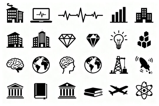 Collection of black and white icons representing various concepts including buildings, technology, science, education, and global themes.