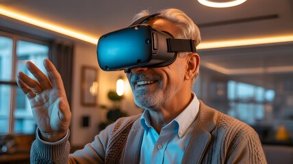 Senior man explores immersive virtual reality with VR headset at home, experiencing futuristic technology and new digital worlds with genuine excitement