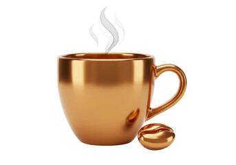 Isolated golden coffee cup with steam and coffee bean, breakfast design element