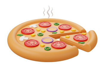 Isolated 3D pizza with ingredients and a slice removed, steam rising, appealing appetizer food