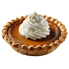 Classic pumpkin pie with smooth surface topped with whipped cream isolated on transparent background holiday dessert