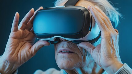 Senior woman immerses herself in virtual reality with cutting edge VR headset technology for entertainment, gaming, education, and innovative experiences