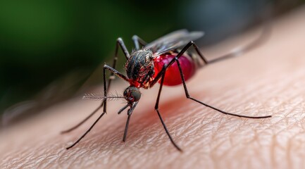 Naklejka premium Un moustique piquant un être humain, avec un corps rouge et des ailes noires, vue en gros plan.