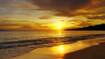 Fototapeta premium sand. A breathtaking tropical beach sunset with vibrant clouds and golden reflections on the wet sand. inspiring travel planning, travel magazines, designed for outdoor magazines and nature guides.