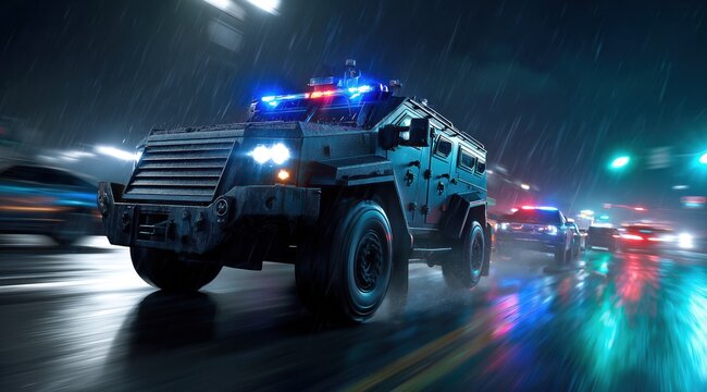 Un v&eacute;hicule de police blind&eacute; moderne, feux clignotants, fon&ccedil;ant &agrave; toute vitesse dans une nuit pluvieuse, concept de course poursuite.