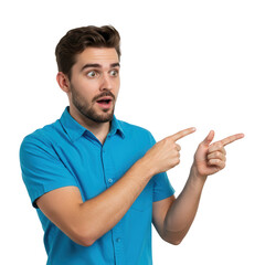 Surprised man pointing to sides isolated on transparent background