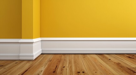Un mur vide de couleur jaune dans une maison d'habitation avec des moulures et une plinthe blanche et un plancher magnifique en bois, image avec espace pour texte.