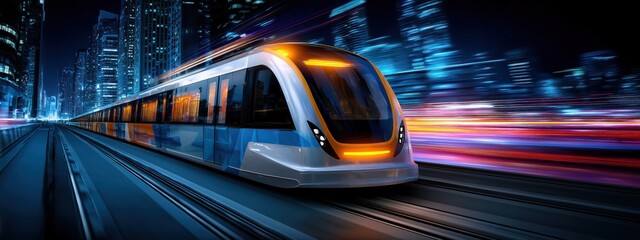 Un train de métro à grande vitesse en mouvement la nuit avec des lumières de ville floues en arrière-plan symbolisant vitesse et modernité, vue panoramique, image avec espace pour texte.