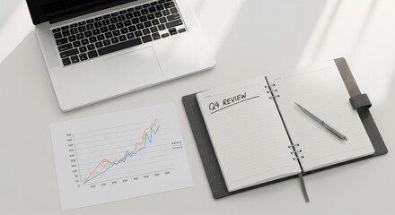 Laptop computer and notebook with a pen on an office desk for business work, technology, and financial planning