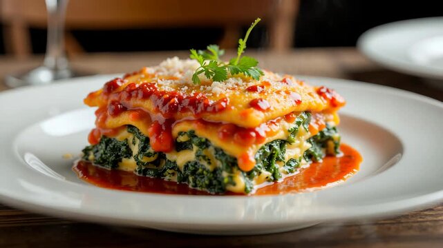 Lasagna with spinach and tomato sauce on a white plate  