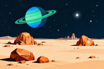 Desert landscape with rocky terrain under a starry sky featuring a ringed planet