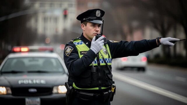 Male Officer in Uniform Directing Traffic on City Street with Emergency Vehicle