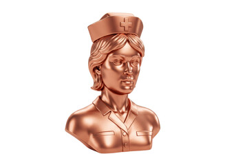 Isolated bronze nurse bust statue, healthcare worker, medical professional, female uniform