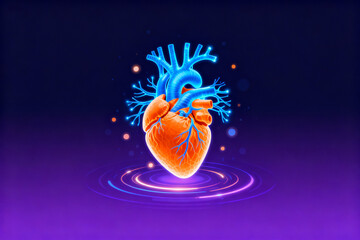 Digital illustration of a human heart with glowing blue arteries and veins, set against a dark purple background with radiant effects.