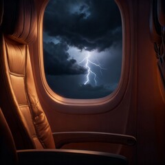 Interior view of an airplane seat beside a window. Dark storm clouds and lightning are visible outside, creating a dramatic atmosphere.