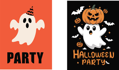 Set of Halloween Party Poster Designs with Cute Ghosts and Pumpkin Jack-o'-Lanterns