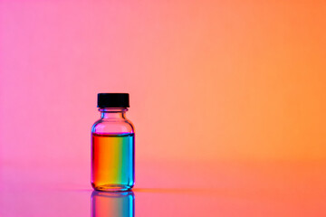 Small glass bottle filled with colorful liquid against a gradient background