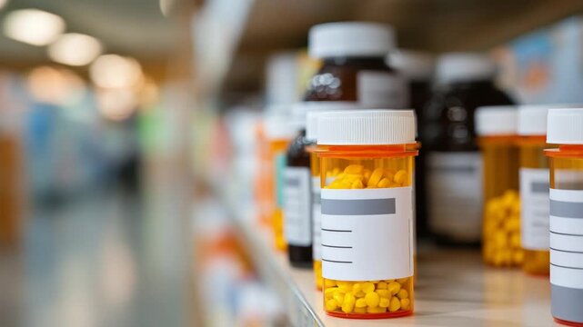 A close-up of neatly aligned amber and white pill bottles with labels facing forward, highlighting pharmaceutical order and efficiency.
